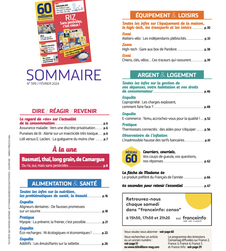 Sommaire du magazine 60 millions de consommateurs février 2024