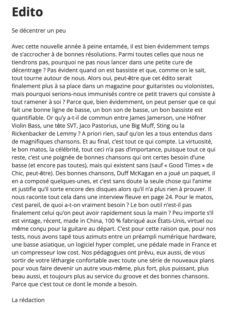 Éditorial du magazine Bassiste magazine février – mars 2024