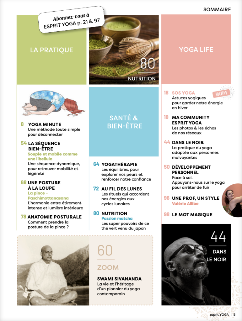 Sommaire du magazine Esprit yoga janvier – février 2024