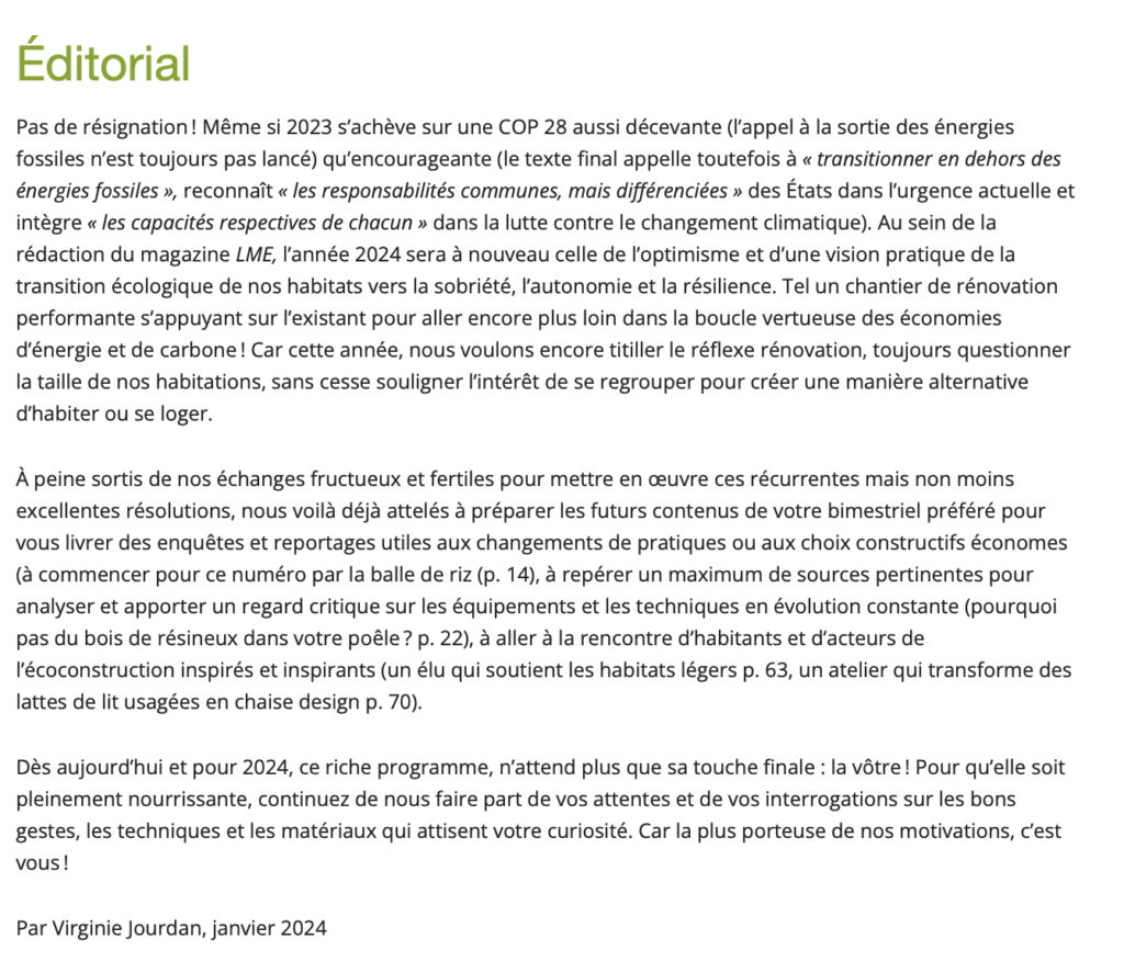 Éditorial du magazine La maison écologique février – mars 2024