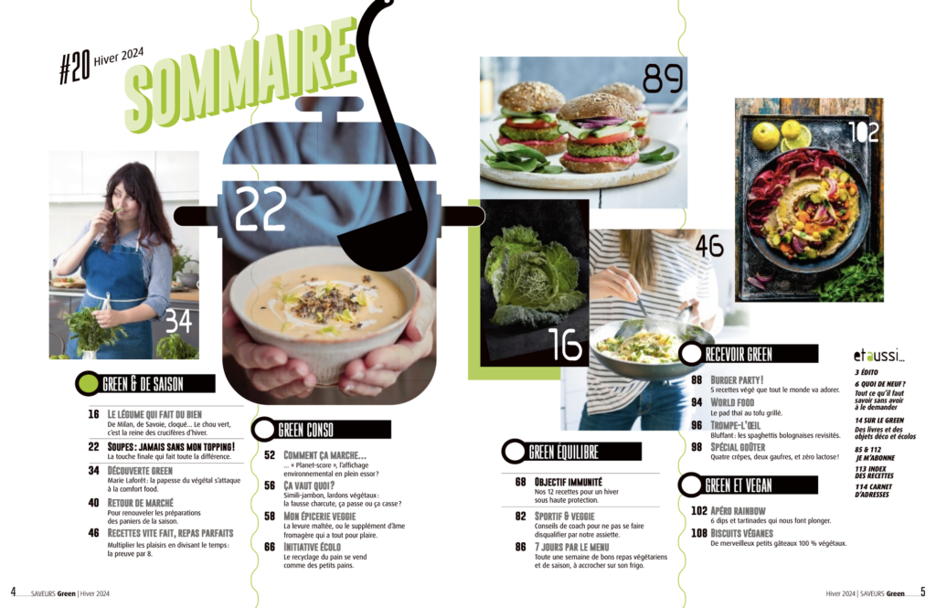 Sommaire du magazine Saveurs green janvier – mars 2024