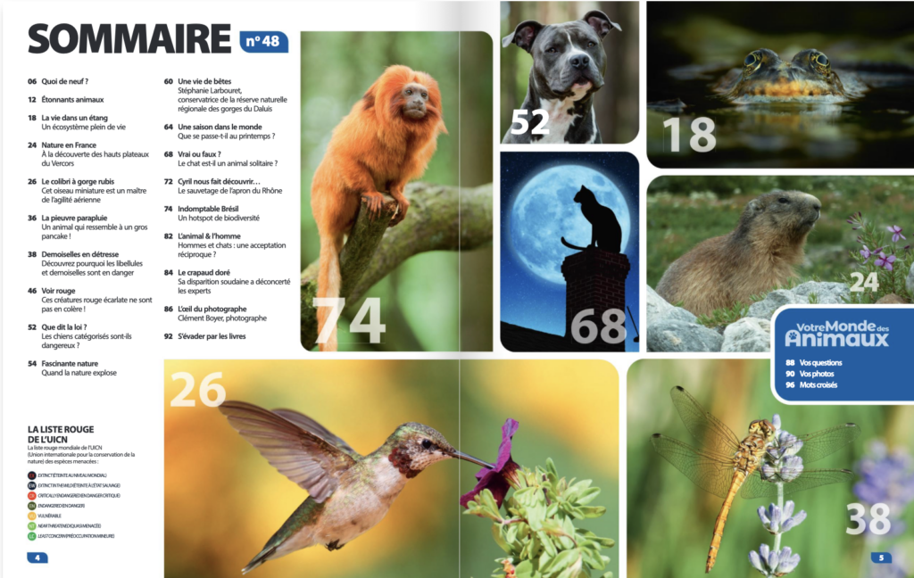 Sommaire du magazine Le Monde des Animaux mars – mai 2024