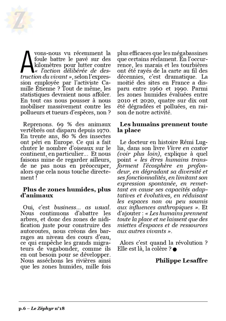 Éditorial du magazine Le Zéphyr printemps 2024