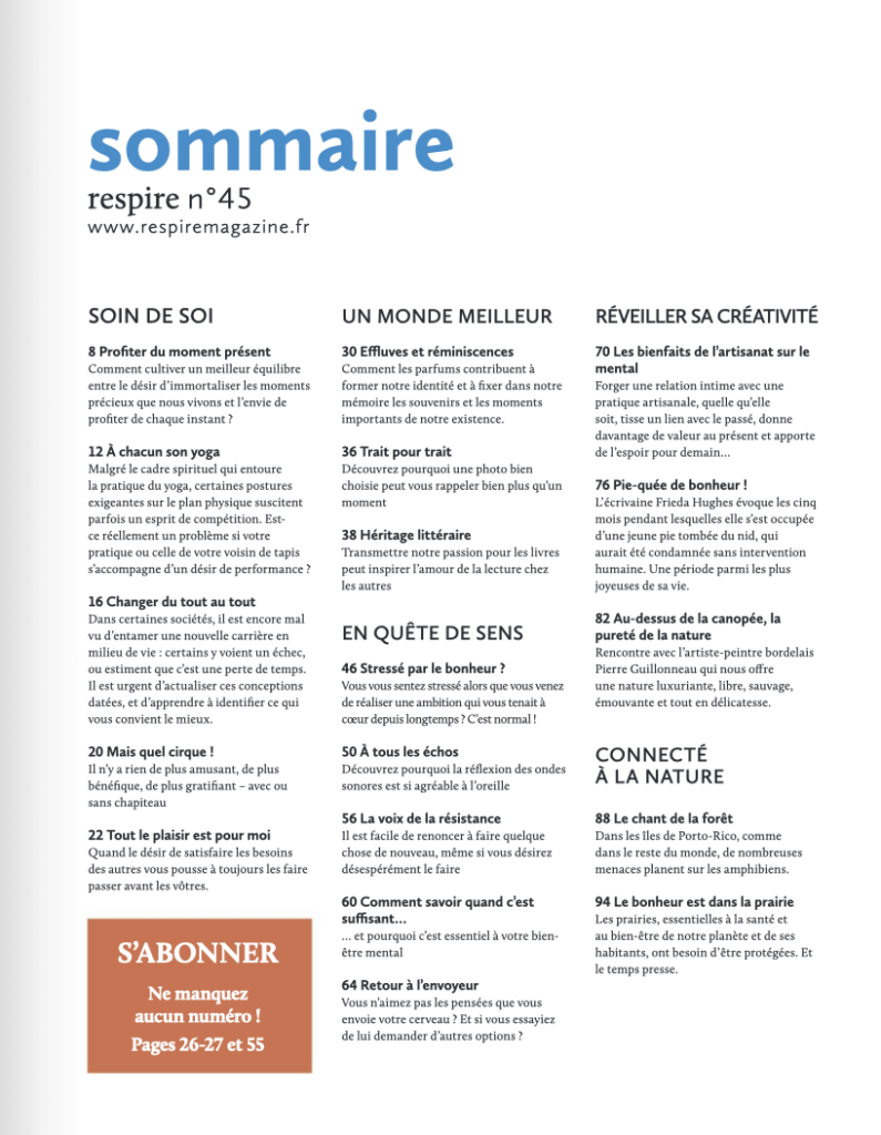 Sommaire du magazine Respire juin – juillet 2024