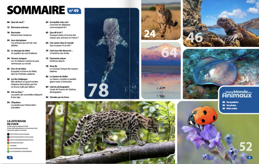 Sommaire du magazine Le Monde des Animaux juin – août 2024