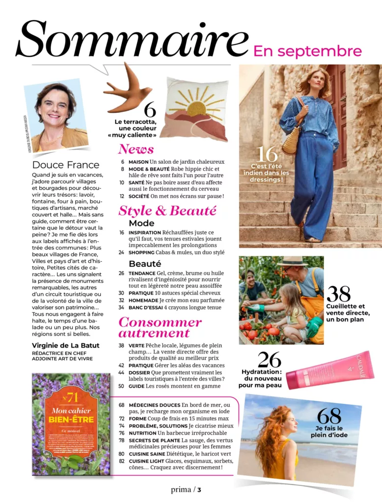 Sommaire du magazine Prima septembre 2024