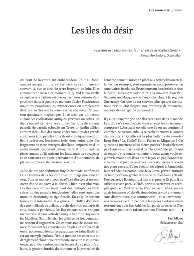 Éditorial du magazine The good life été 2024