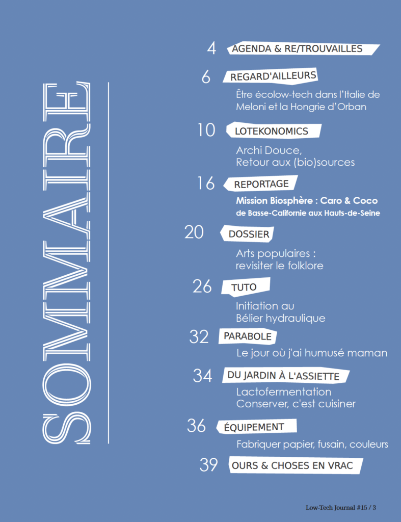 Sommaire du magazine Low-tech journal septembre – octobre 2024