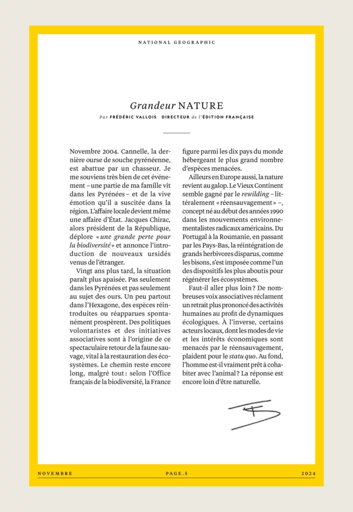 Éditorial du magazine National Geographic novembre 2024