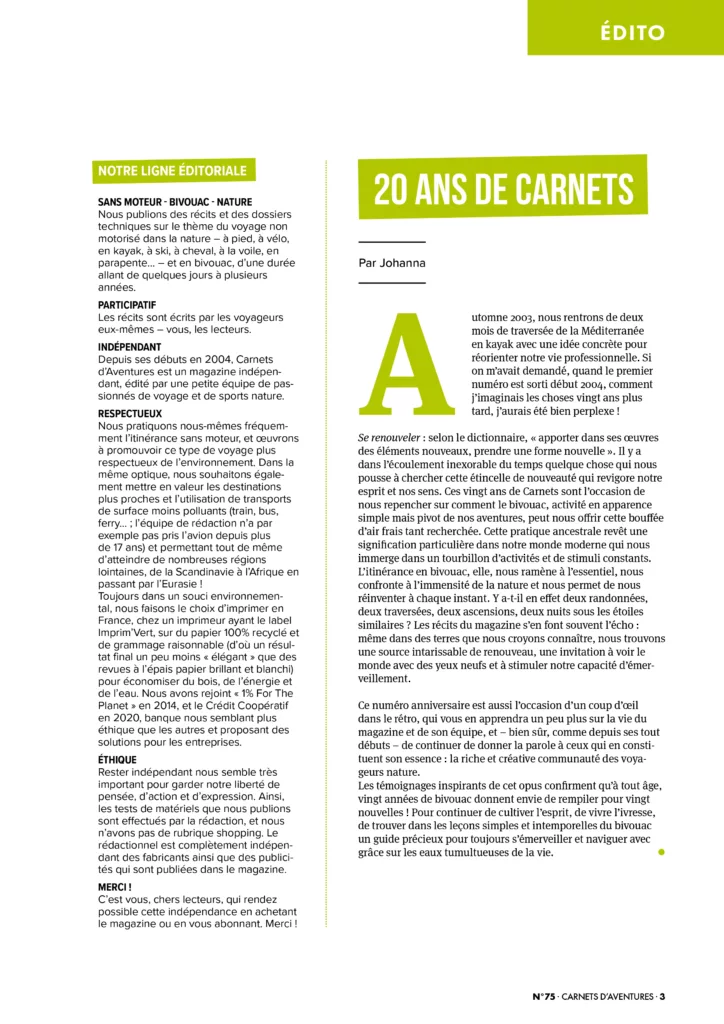 Éditorial du magazine Carnets d’aventures avril – juin 2024