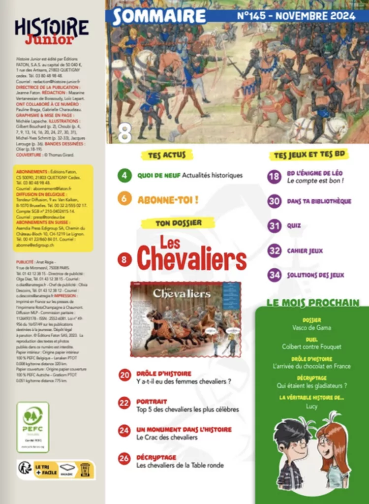 Sommaire du magazine Histoire Junior novembre 2024