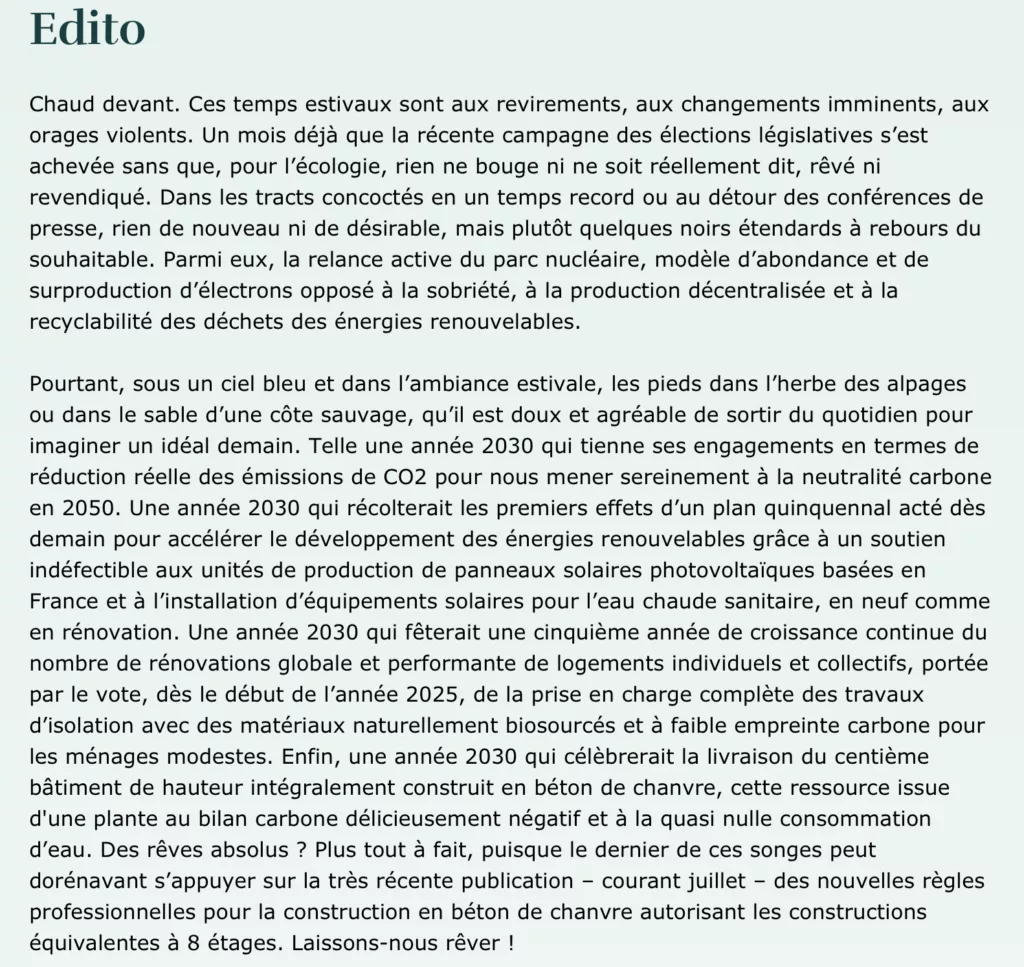 Éditorial du magazine La maison écologique octobre – novembre 2024