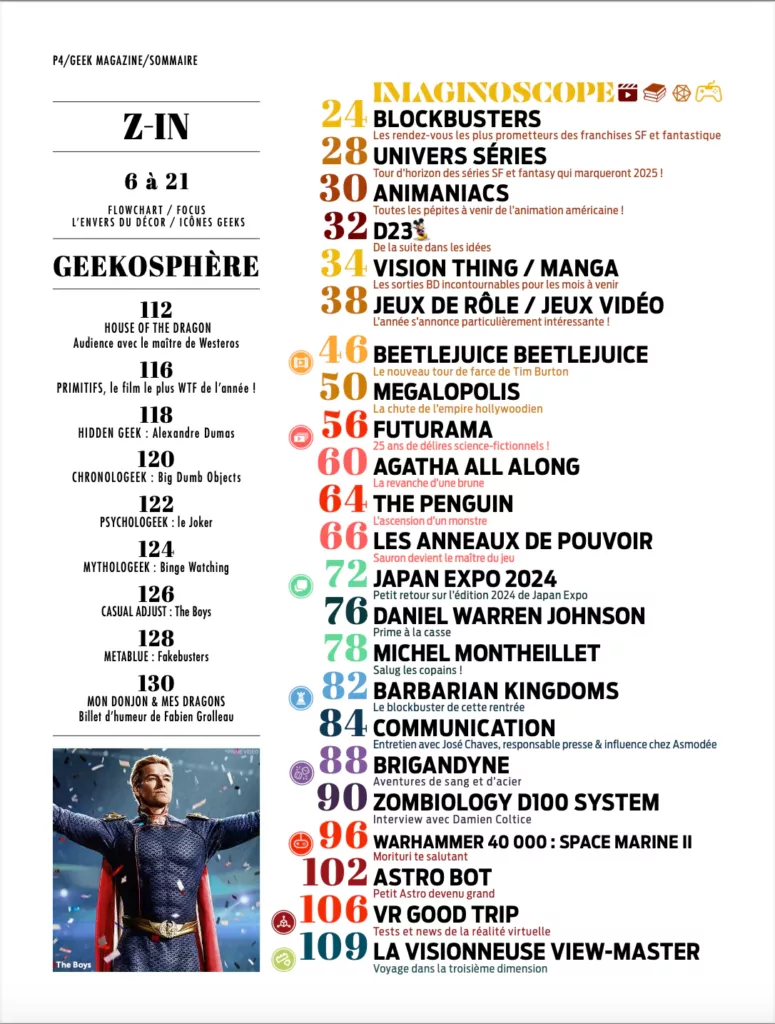 Sommaire du magazine Geek magazine septembre – novembre 2024