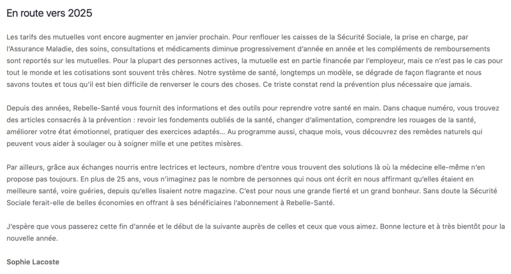 Éditorial du magazine Rebelle santé décembre 2024 – janvier 2025