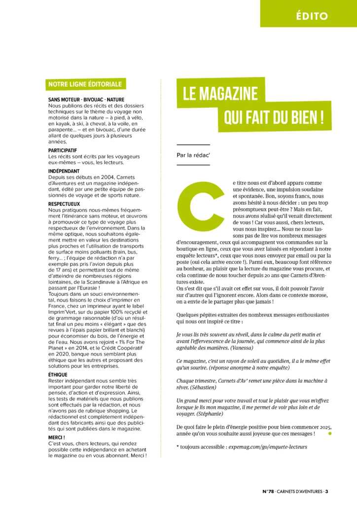 Éditorial du magazine Carnets d’aventures janvier – mars 2025