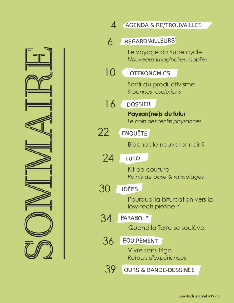 Sommaire du magazine Low-tech journal janvier – février 2025