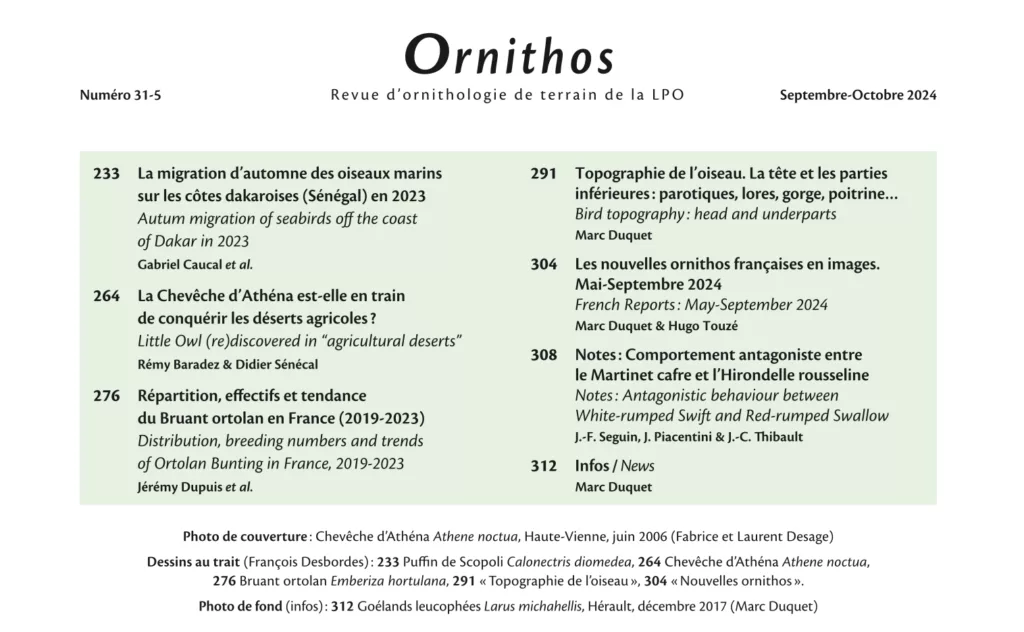 Sommaire du magazine Ornithos septembre – octobre 2024