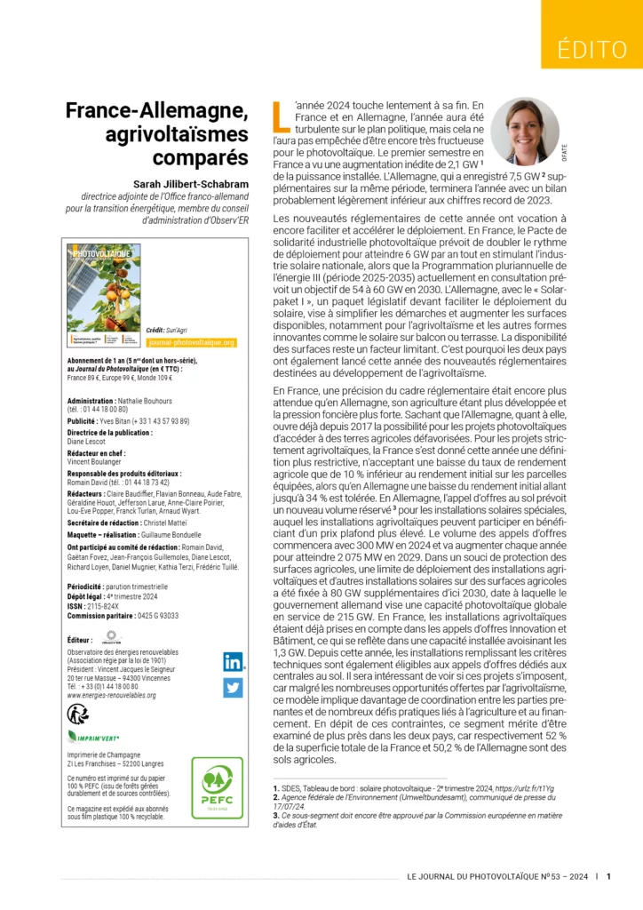 Éditorial du magazine Le journal du Photovoltaïque octobre – décembre 2024