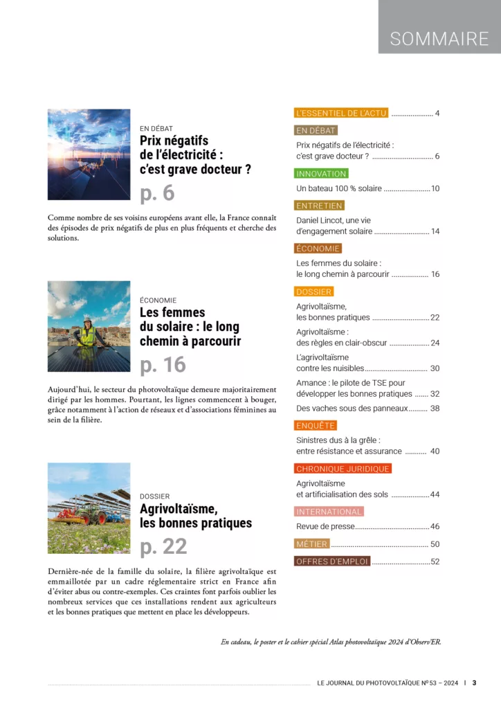 Sommaire du magazine Le journal du Photovoltaïque octobre – décembre 2024