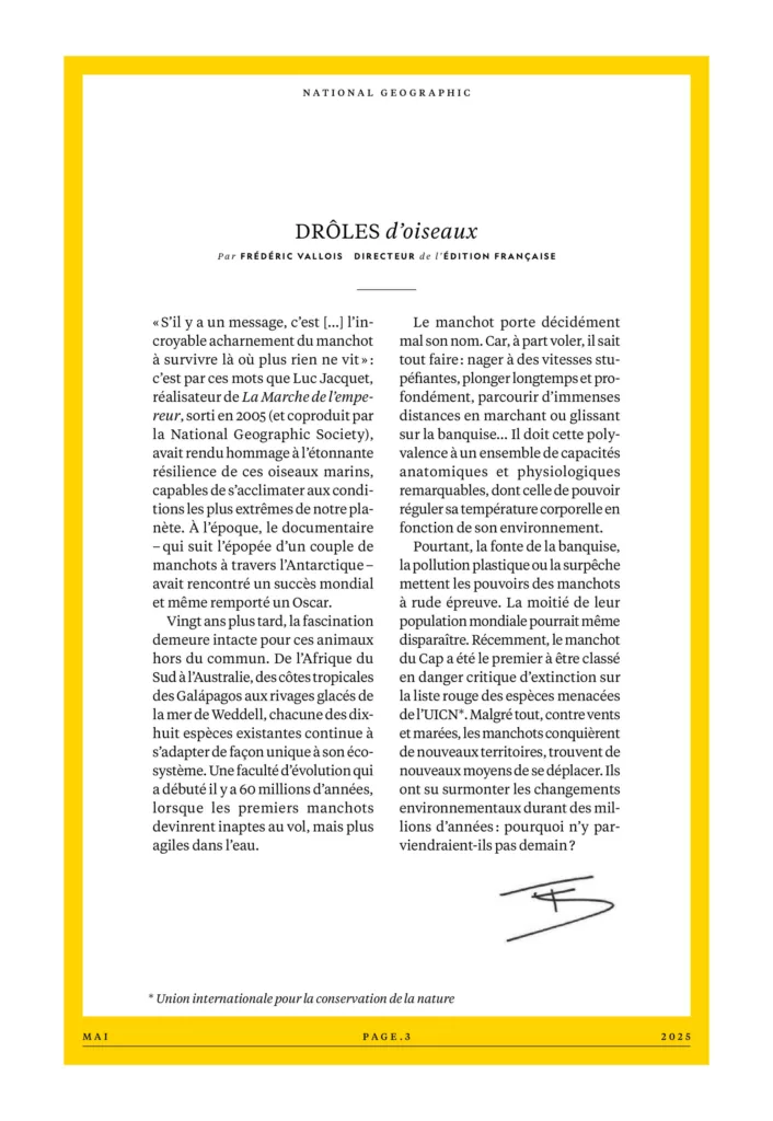 Éditorial du magazine National Geographic mai 2025