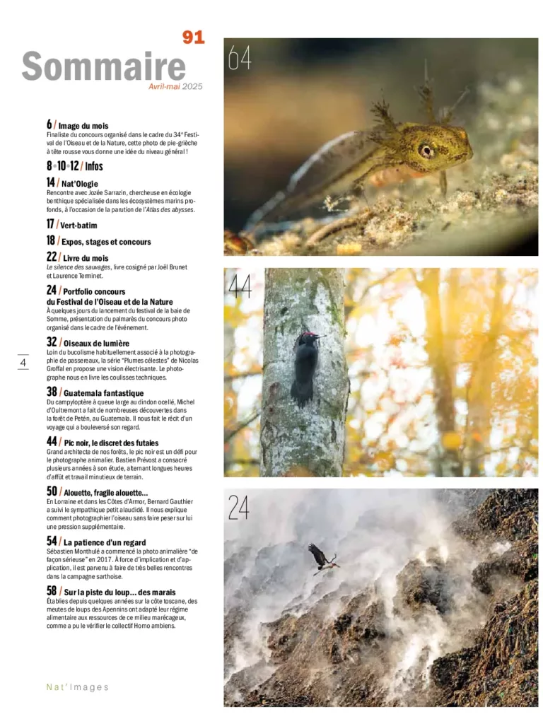 Sommaire du magazine Nat’images avril – mai 2025