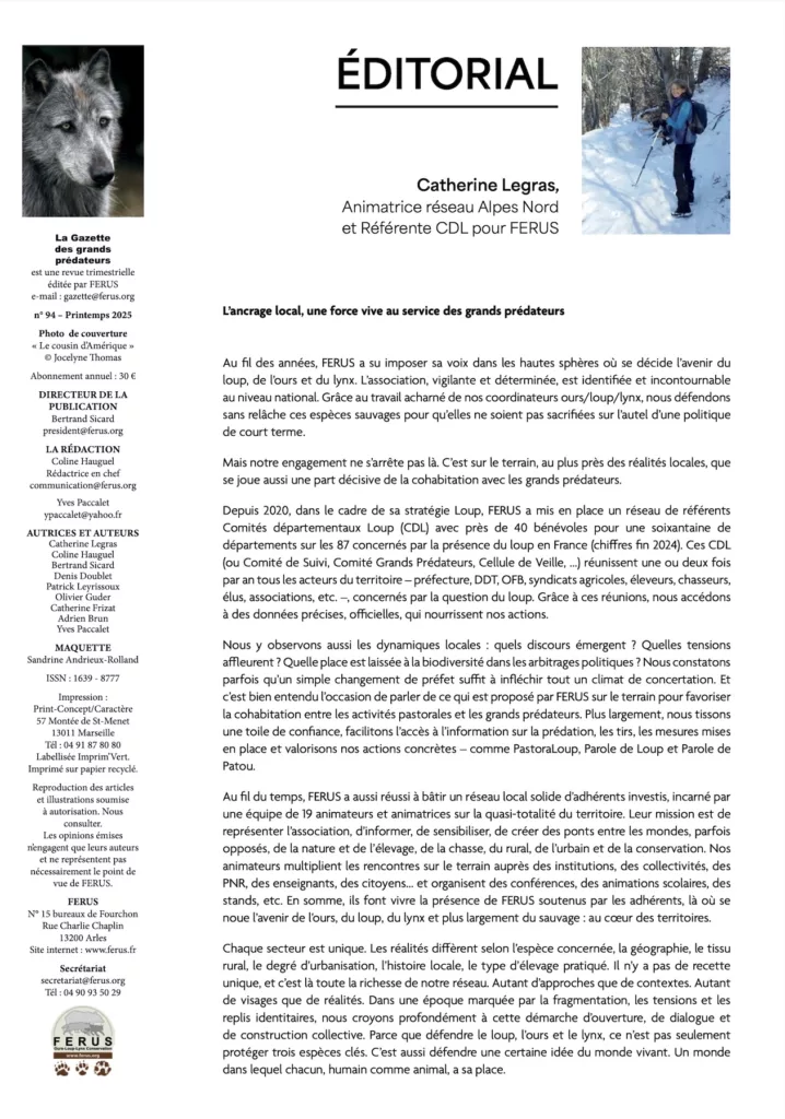 Éditorial du magazine La gazette des grands prédateurs printemps 2025