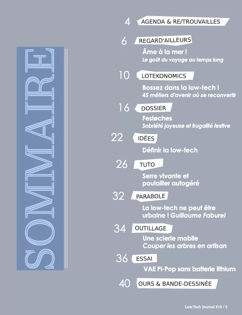 Sommaire du magazine Low-tech journal mai – juin 2025