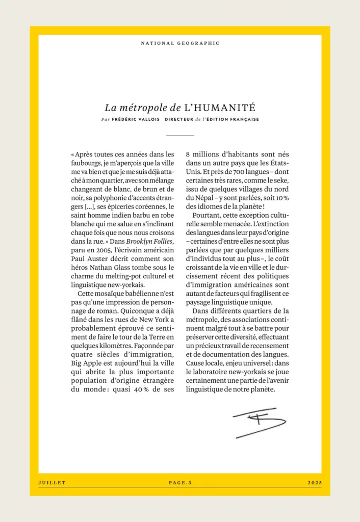 Éditorial du magazine National Geographic juillet 2025