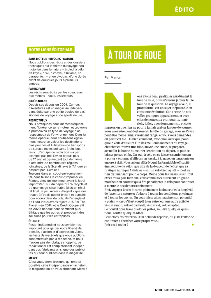 Éditorial du magazine Carnets d’aventures juillet – septembre 2025