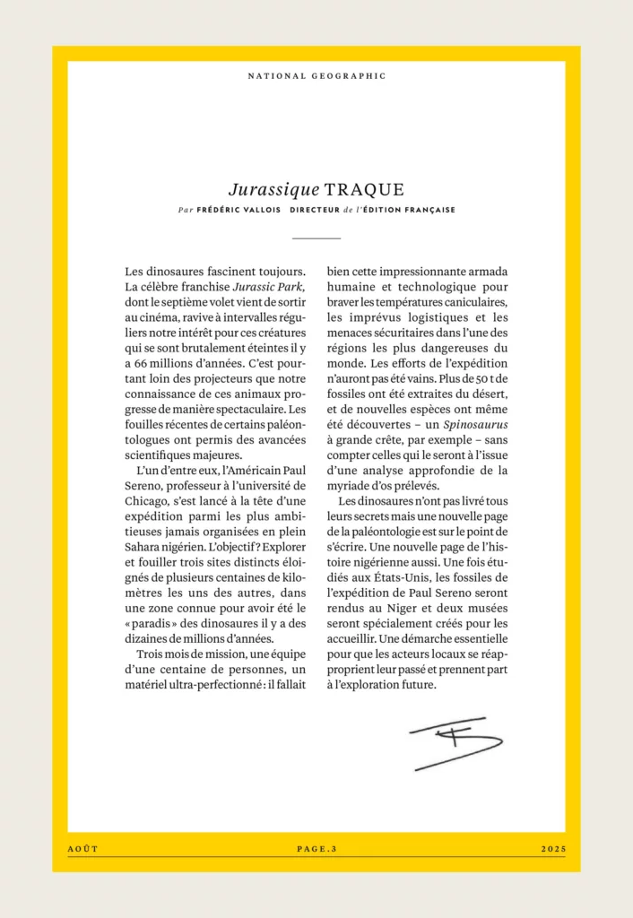 Éditorial du magazine National Geographic août 2025