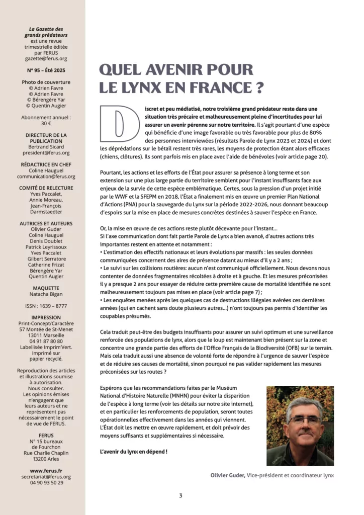 Éditorial du magazine La gazette des grands prédateurs été 2025