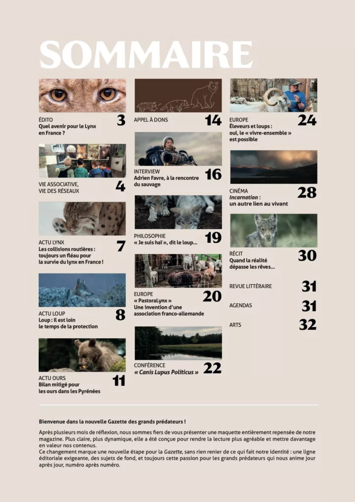 Sommaire du magazine La gazette des grands prédateurs été 2025