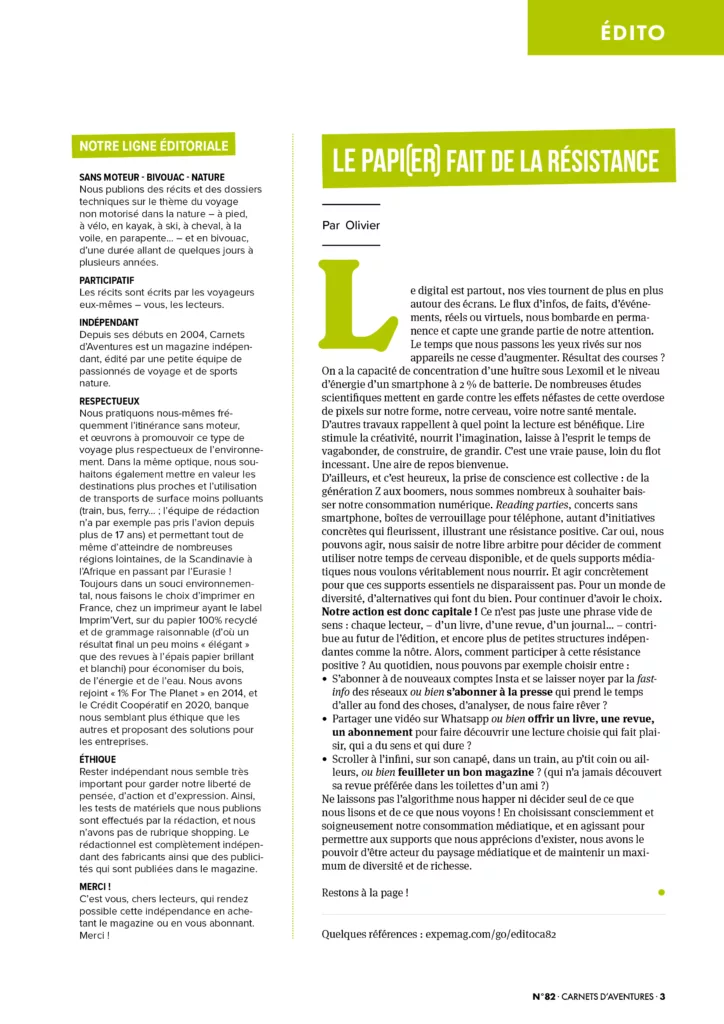 Éditorial du magazine Carnets d’aventures janvier – mars 2025