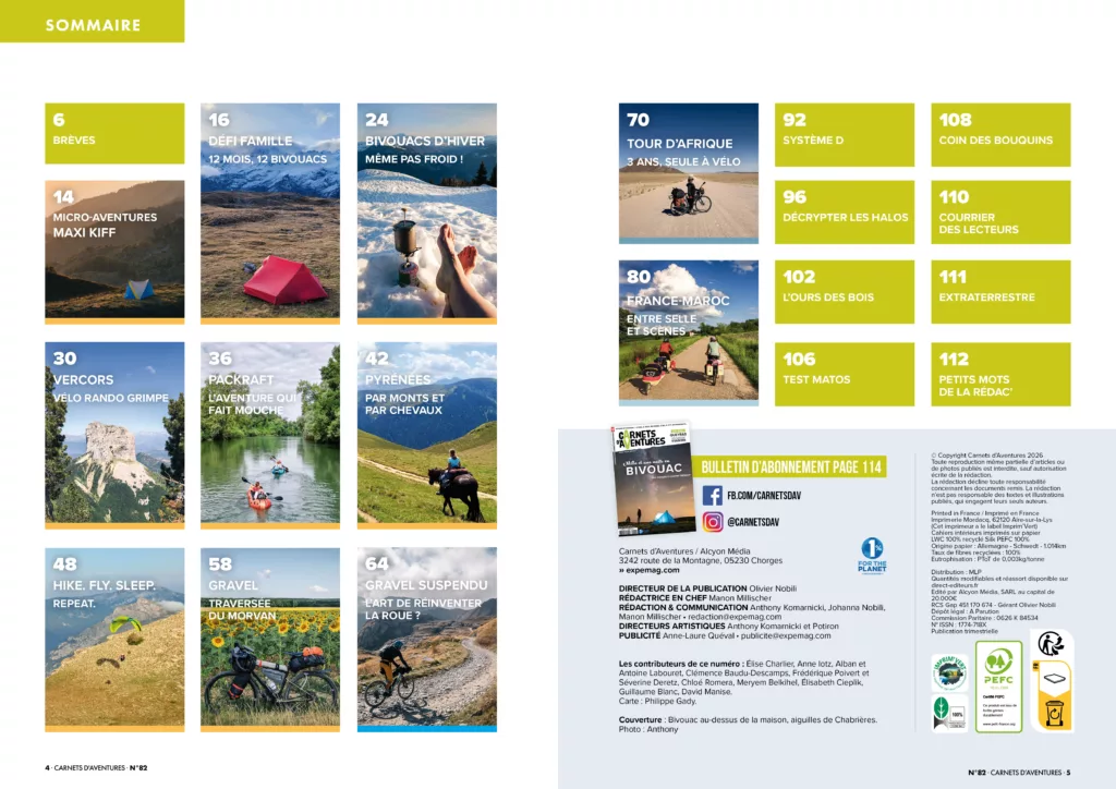 Sommaire du magazine Carnets d’aventures janvier – mars 2025