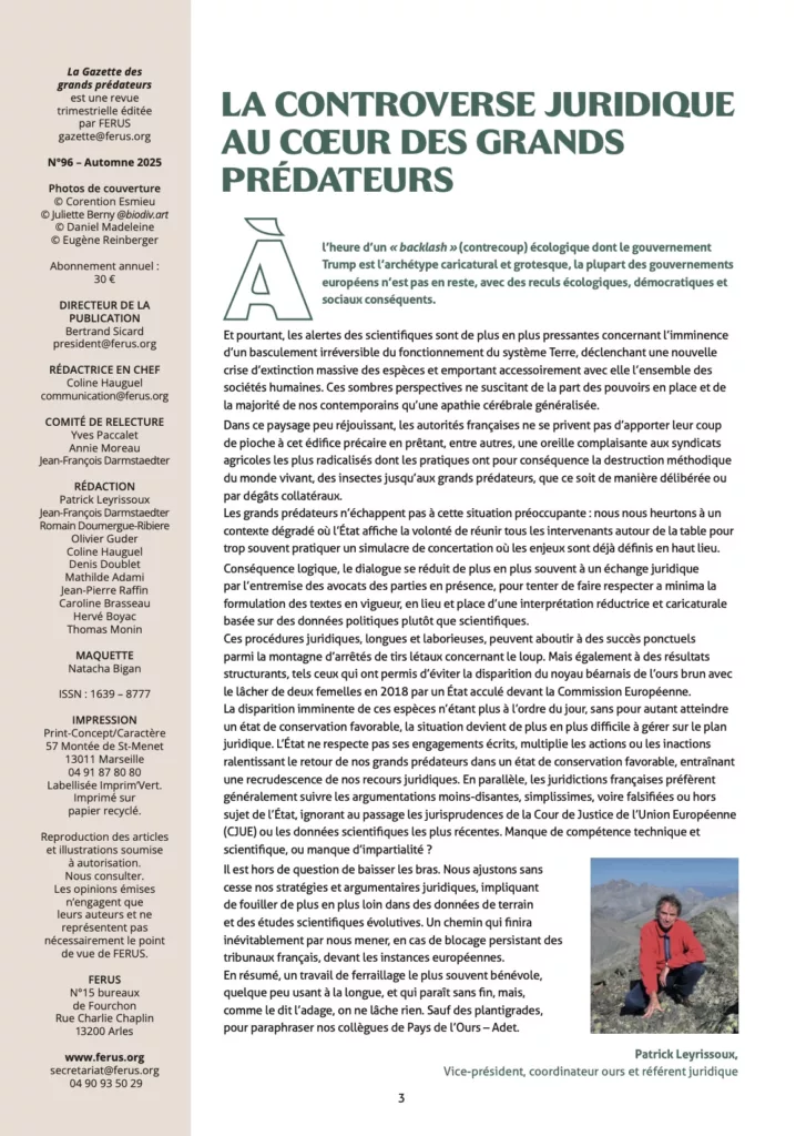 Éditorial du magazine La gazette des grands prédateurs automne 2025