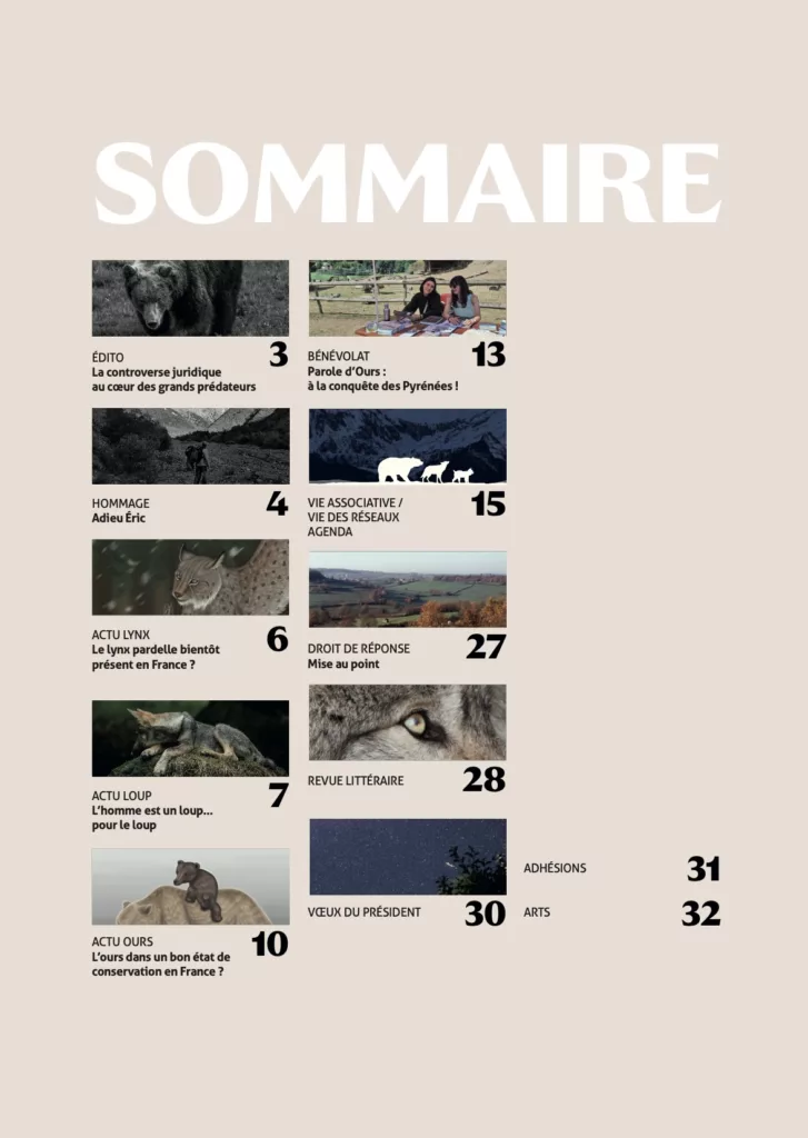 Sommaire du magazine La gazette des grands prédateurs automne 2025