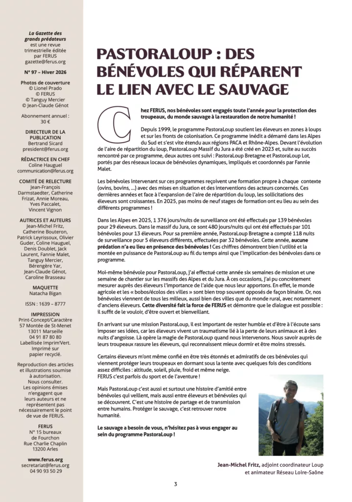 Éditorial du magazine La gazette des grands prédateurs hiver 2026