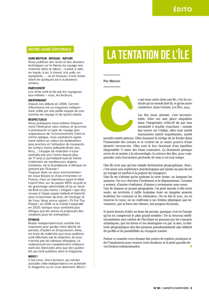 Éditorial du magazine Carnets d’aventures avril à juin 2026