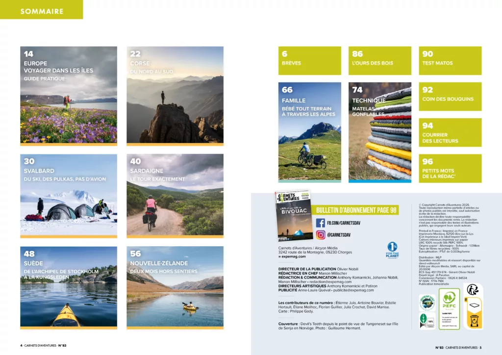 Sommaire du magazine Carnets d’aventures avril à juin 2026
